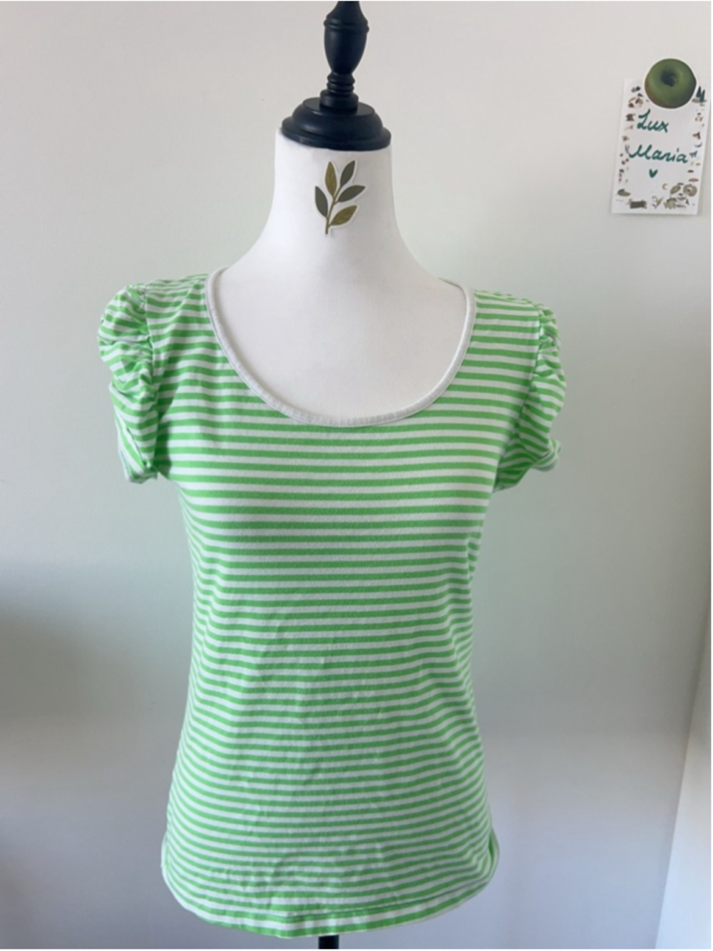 Y2K Fishbone Green & White Striped Puff Sleeve Scoop Neck Top XL